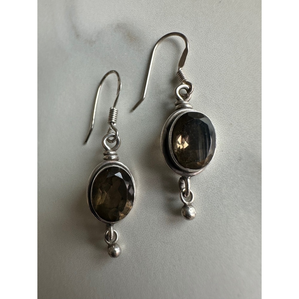 Sterling Silver Smoky Quartz Oval Faceted Drop Earrings 925 Boho Dangle 3.26g